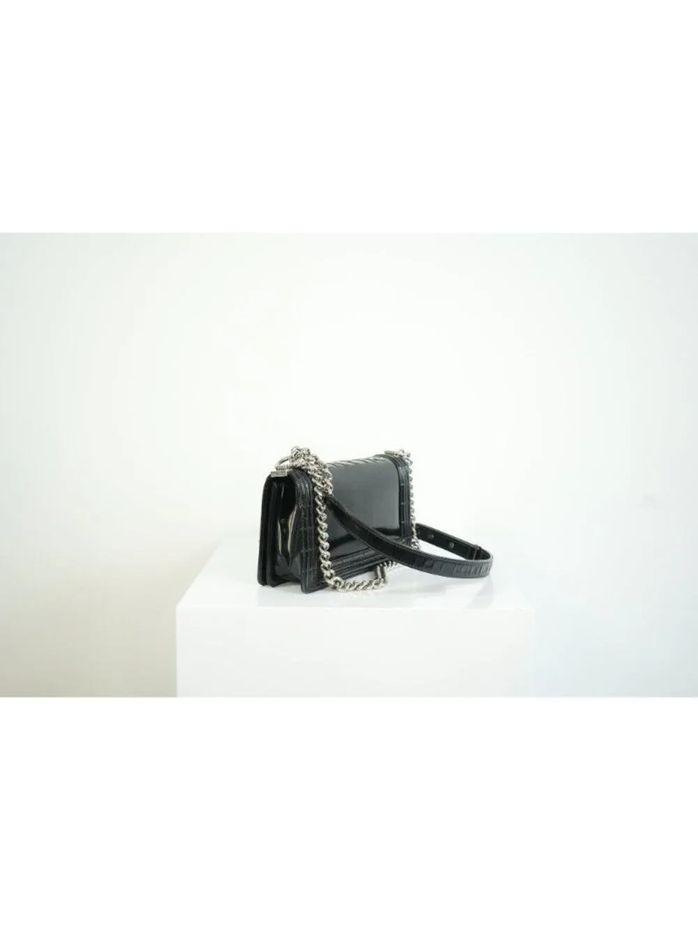 Chanel Black Patent Leather Boy Bag Silver Hardware